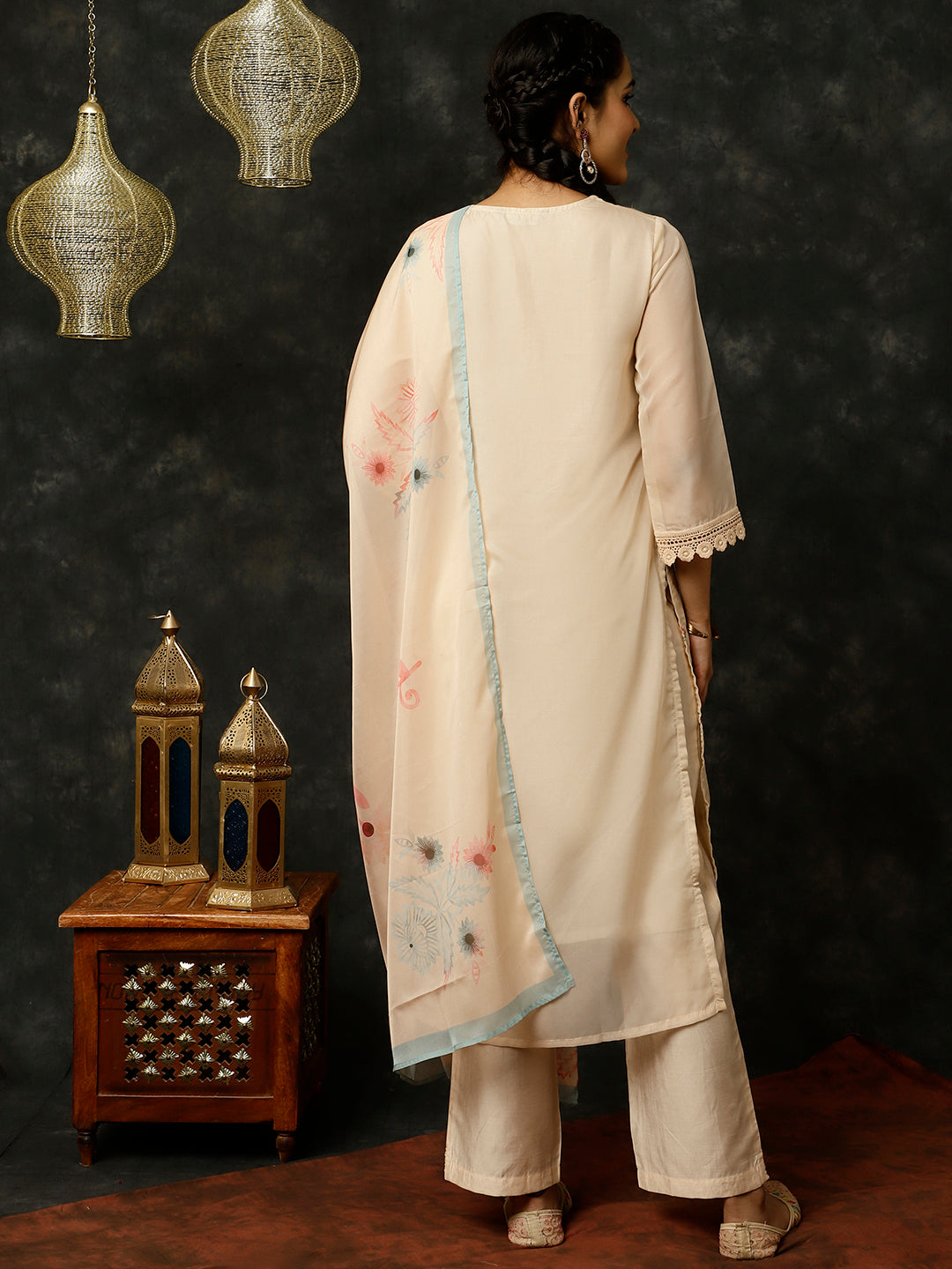 Cream Aari Work Art Silk Kurta With Pants And Dupatta