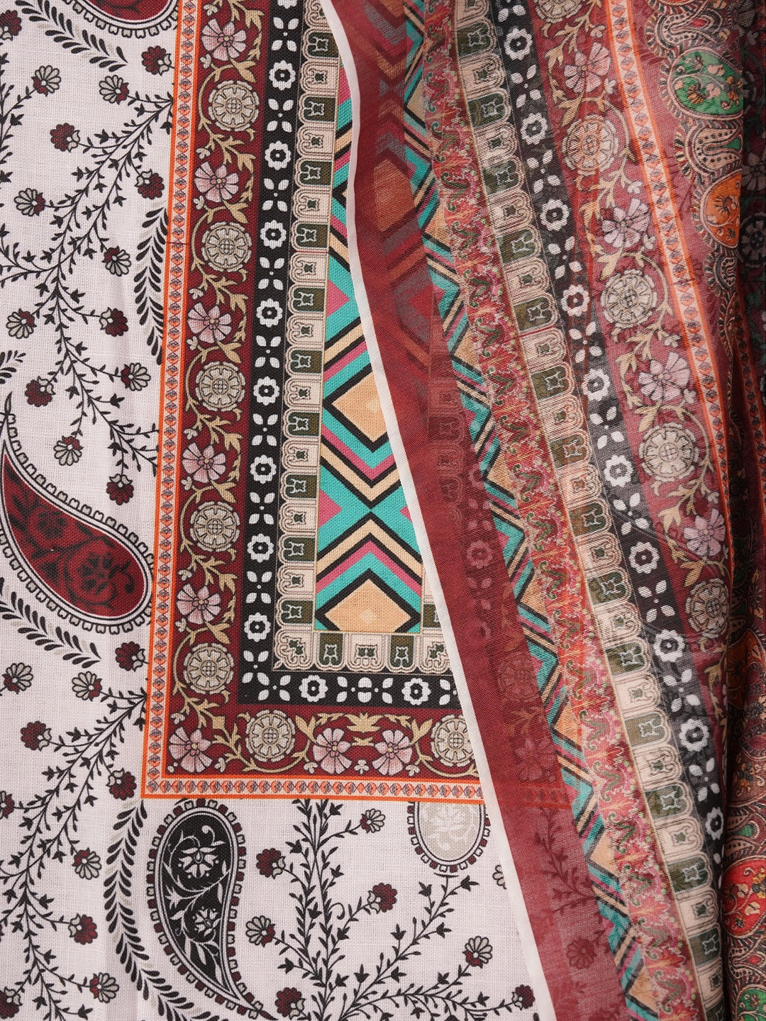 Red Paisley Printed Cotton Blend Dress Material with Dupatta