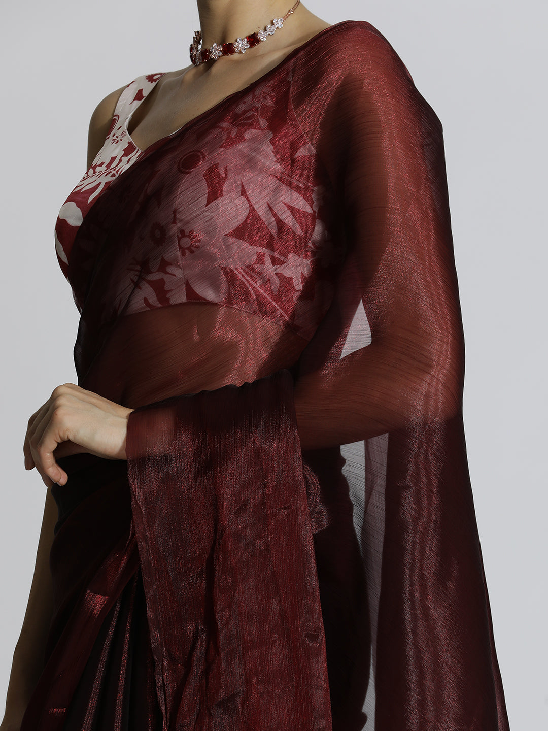 Maroon Festive Tissue Solid Saree