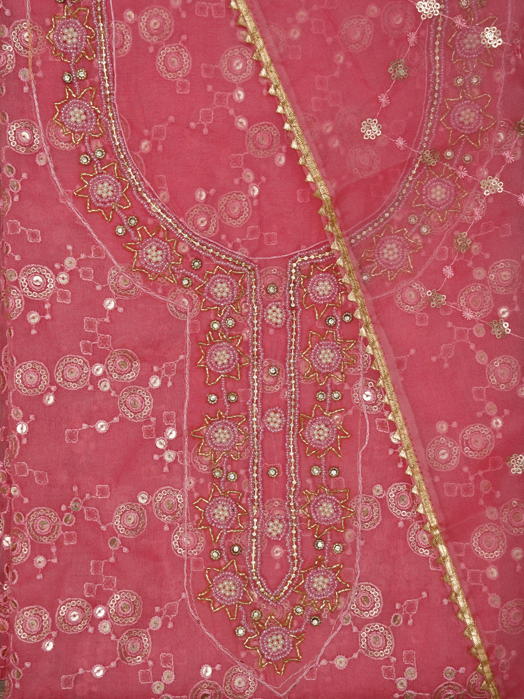 Pink Festive Embellished Organza Dress Material with Dupatta