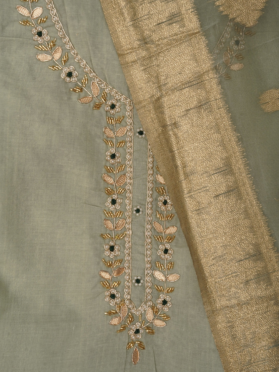 Light Green Embellished Floral Printed Cotton Blend Dress Material with Dupatta