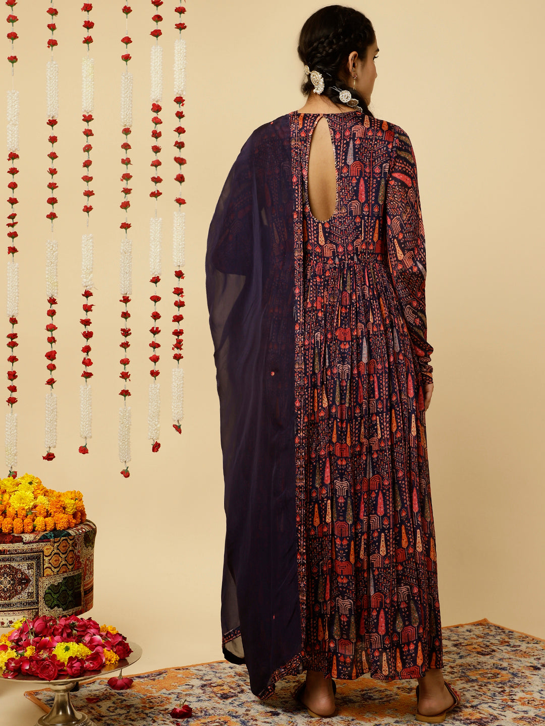 Purple Tribal Printed Flared Kurta With Dupatta