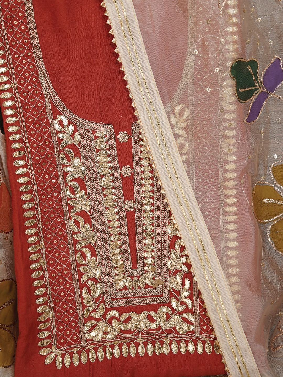 Rust Handpainted Embroidered Pure Silk Dress Material with Dupatta