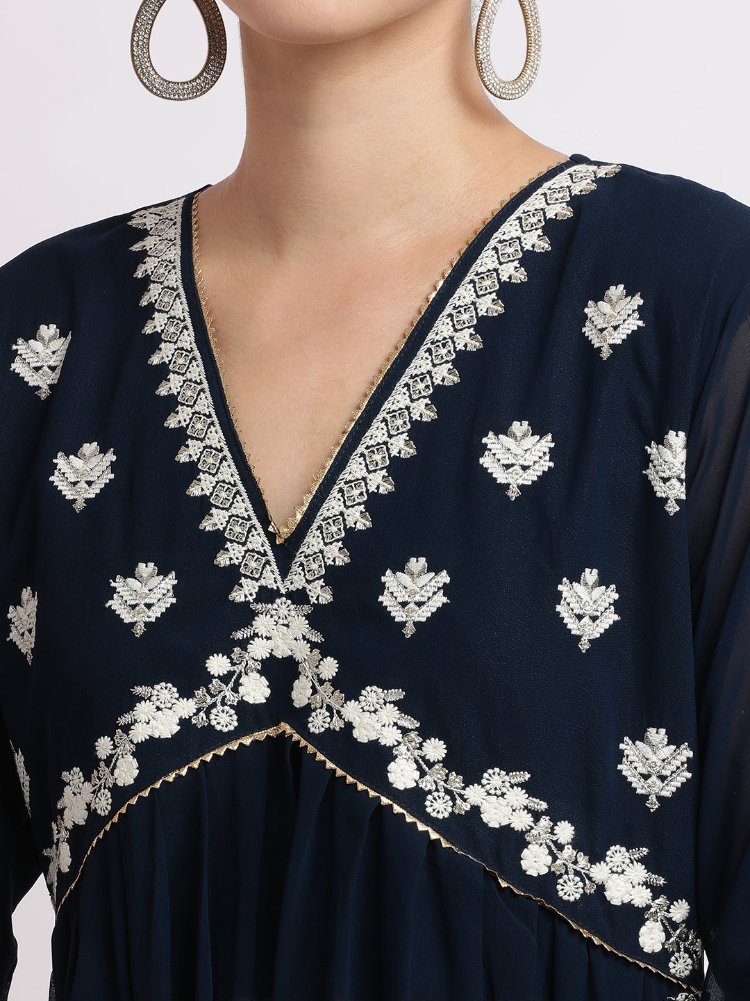 Navy Blue Embroidered Georgette Kurta Set With Dupatta