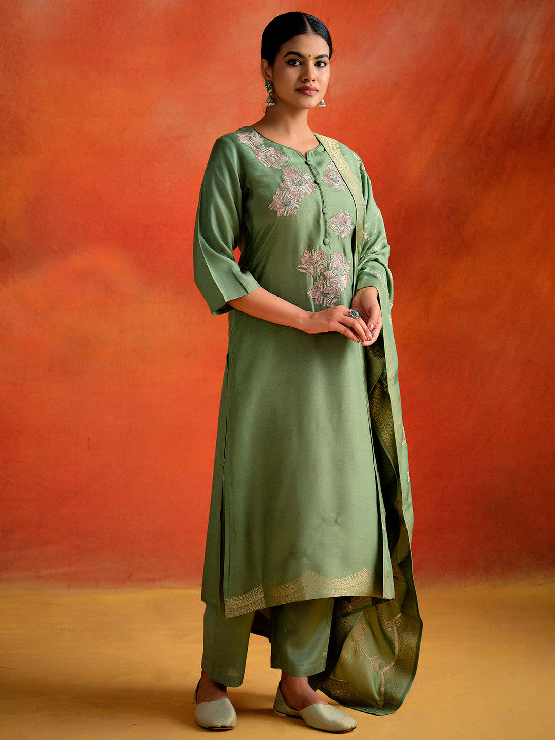 Green Hand Embroidered Festive Kurta Set With Dupatta