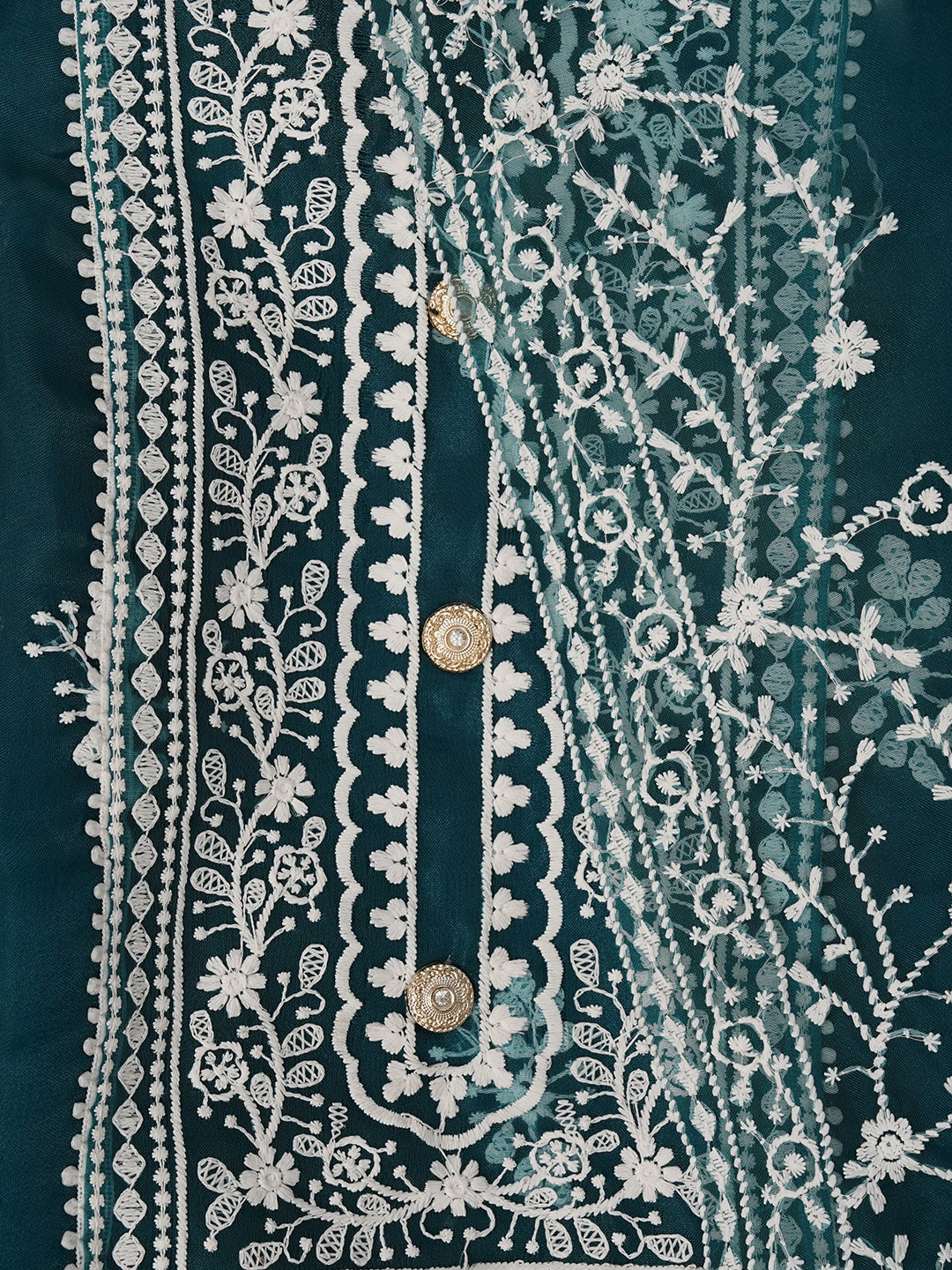 Unstitched Teal Embroidered Organza Dress Material With Dupatta