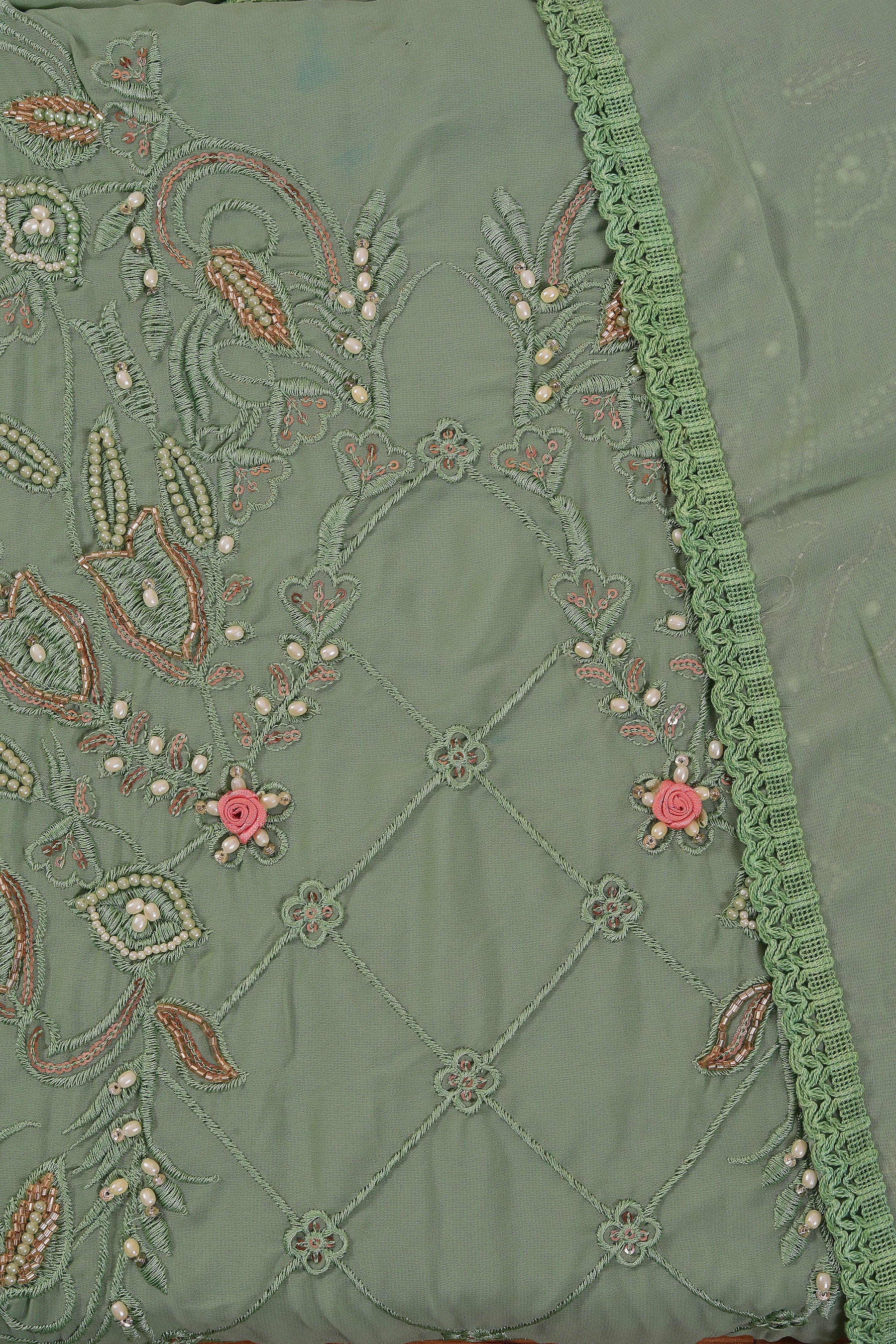Sea Green Embroidered Poly Georgette Dress Material with Dupatta