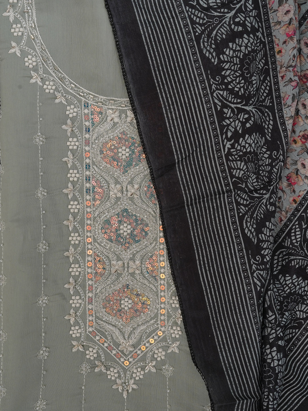 Sea Green Embellished Pure Silk Dress Material with Dupatta