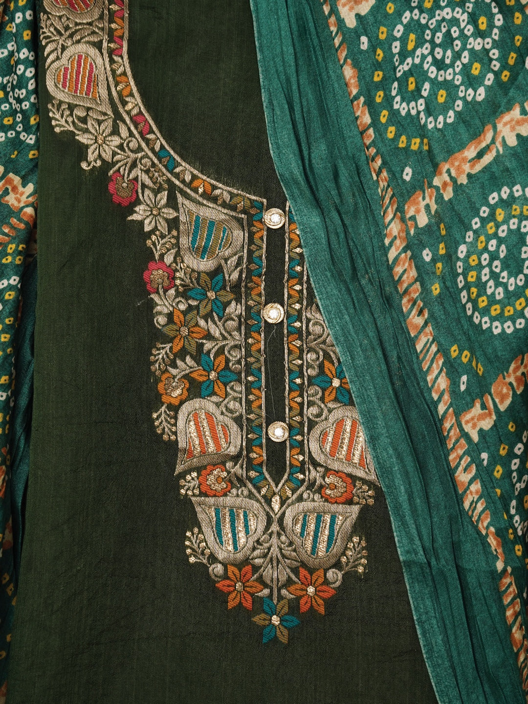 Green Unstitched Zari Silk Blend Dress Material With Dupatta