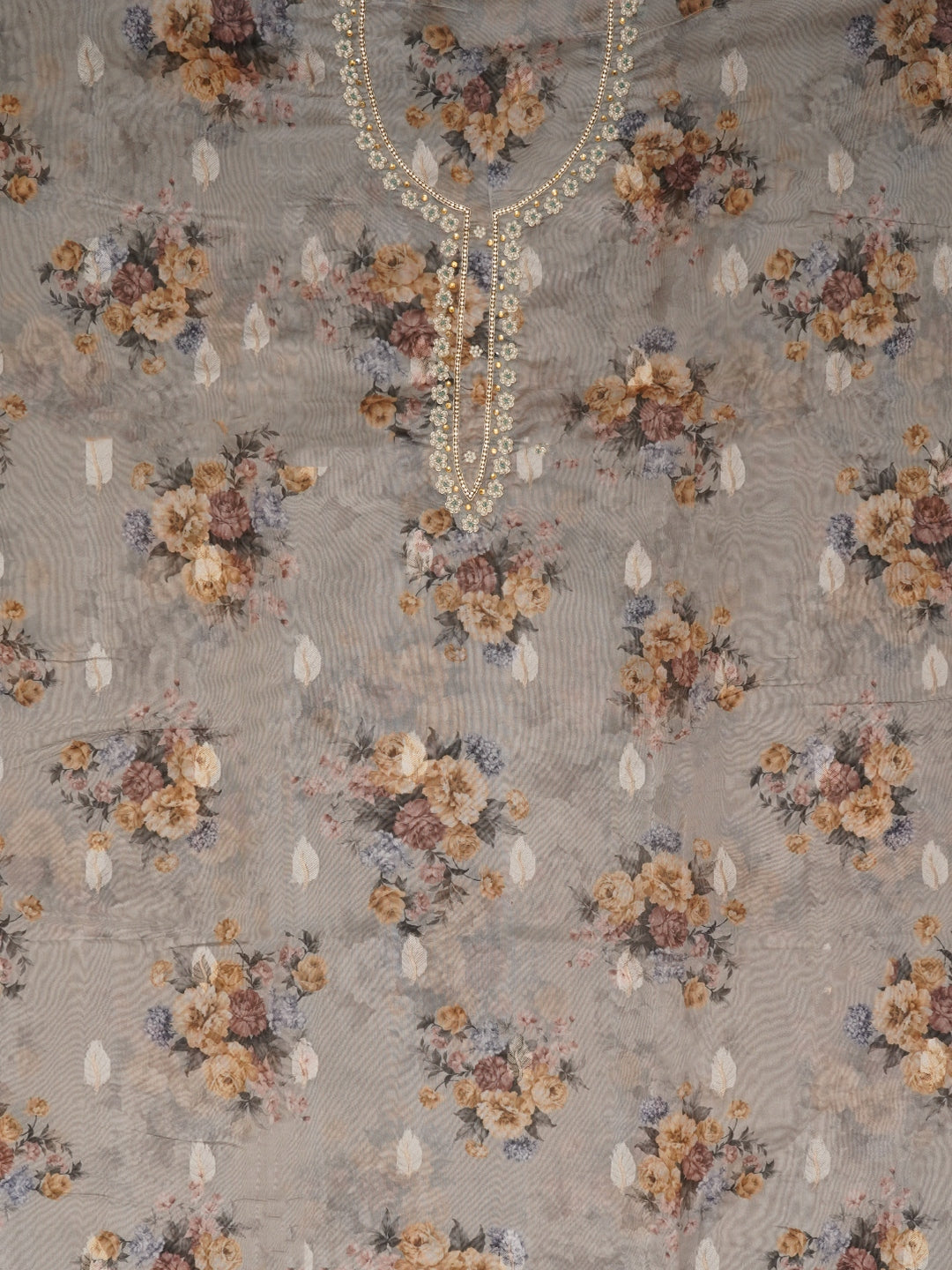 Sea Green Embellished Floral Printed Organza Dress Material with Dupatta