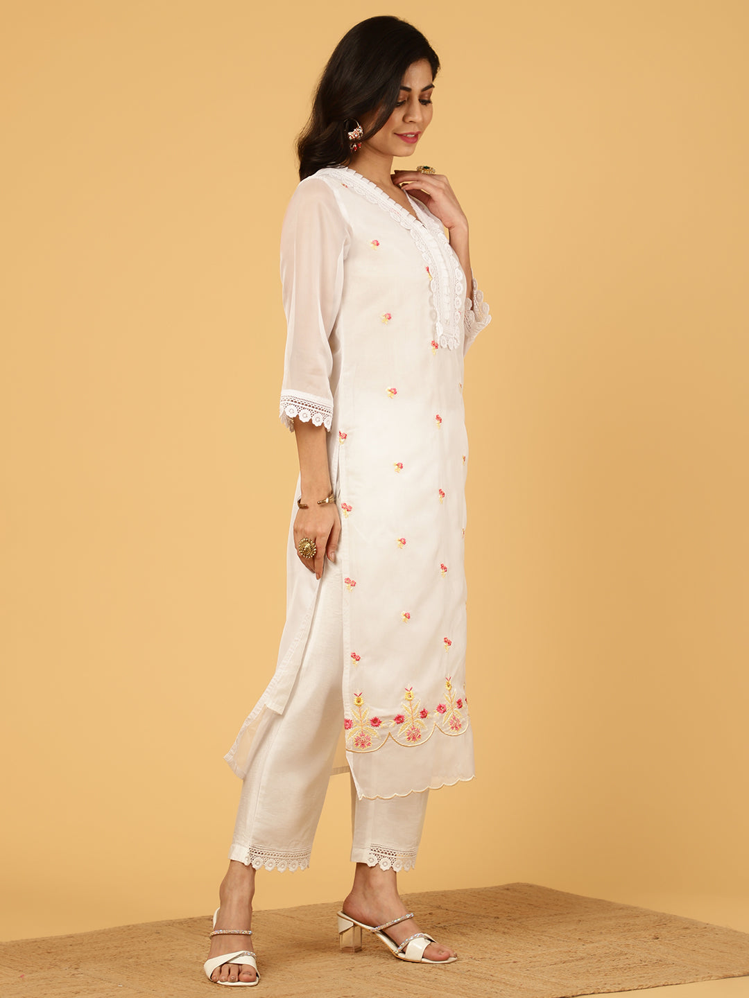 White Aari Work Art Silk Kurta With Pants And Dupatta