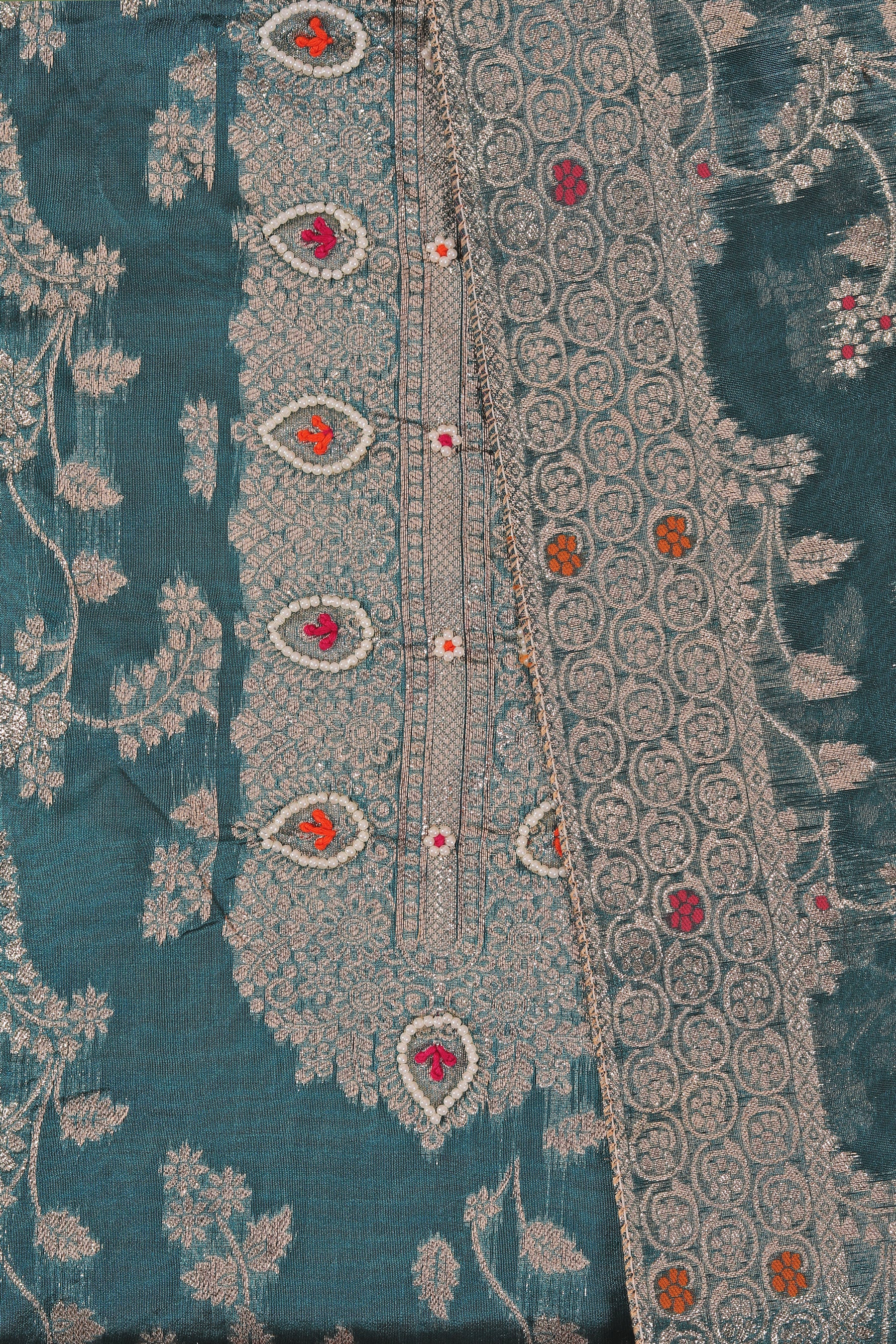 Dark Green Brocade Woven Design Organza Dress Material With Dupatta