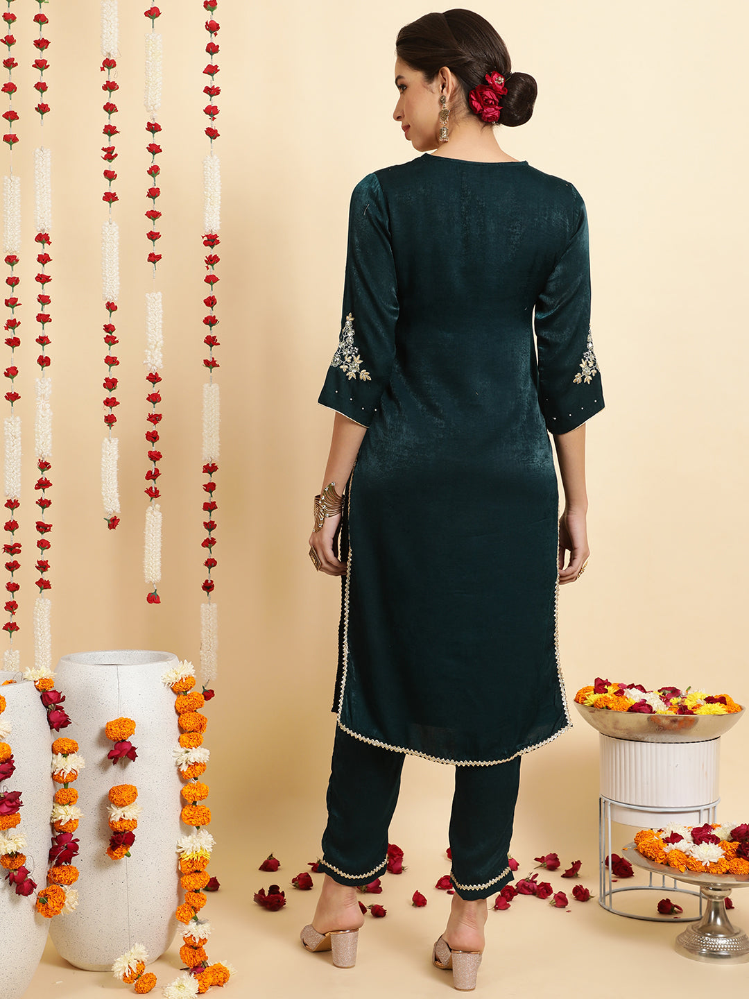 Dark Green Embroidered Velvet Kurta With Pants