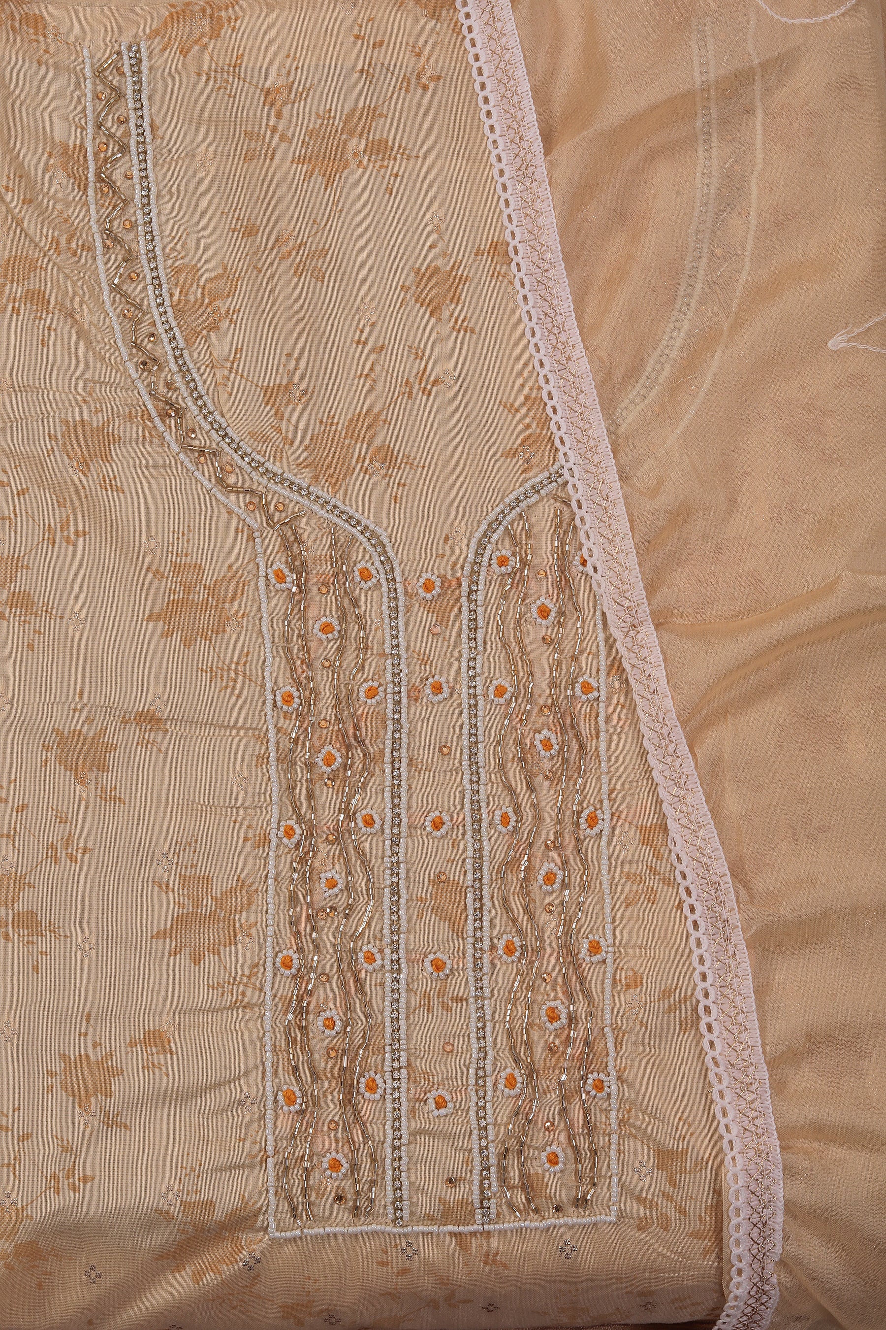 Yellow Printed Cotton Blend Embellished Dress Material with Dupatta