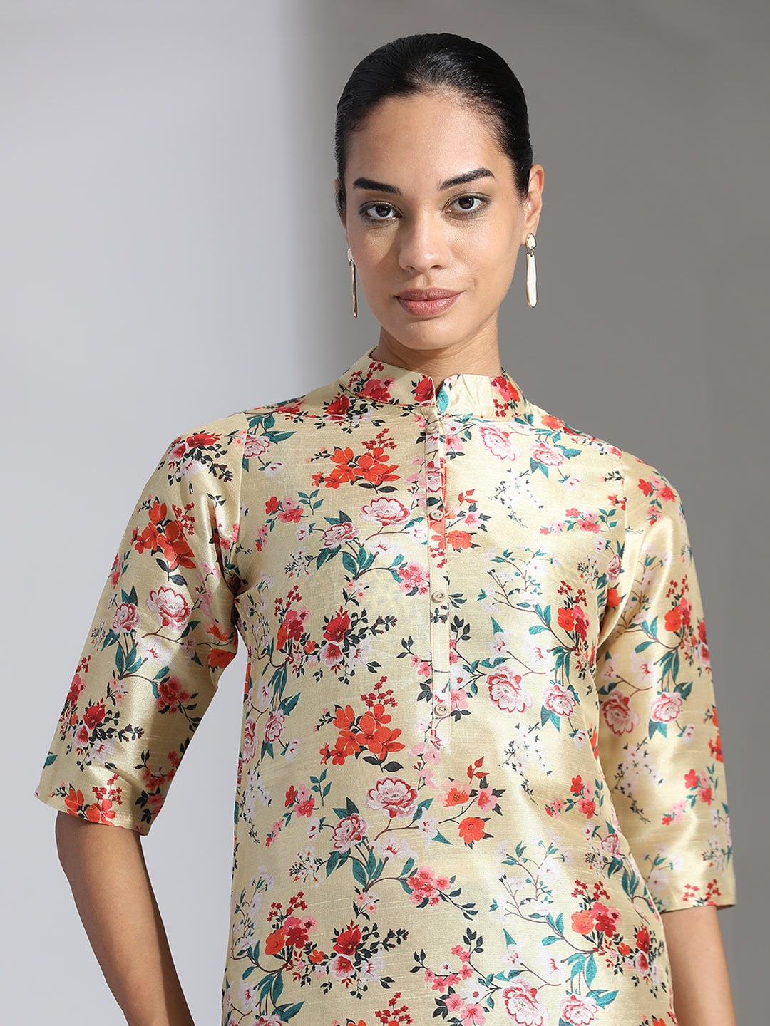 Yellow Floral Printed Poly Chanderi Kurta
