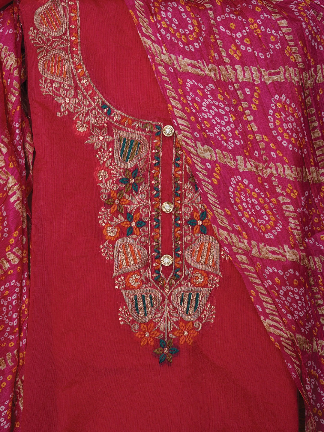 Pink Unstitched Zari Silk Blend Dress Material With Dupatta