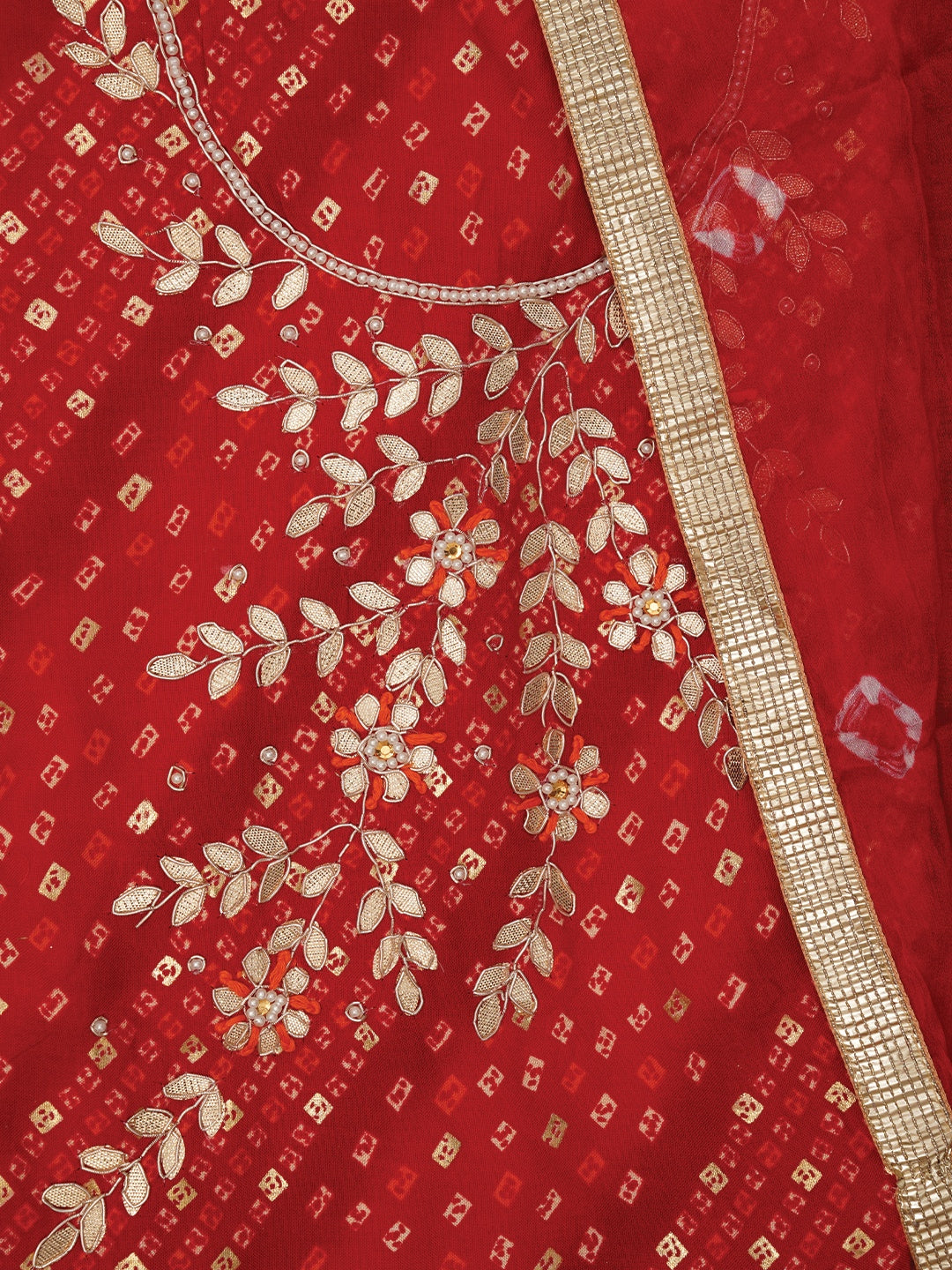 Red Unstitched Cotton Bandhani Printed Dress Material With Dupatta