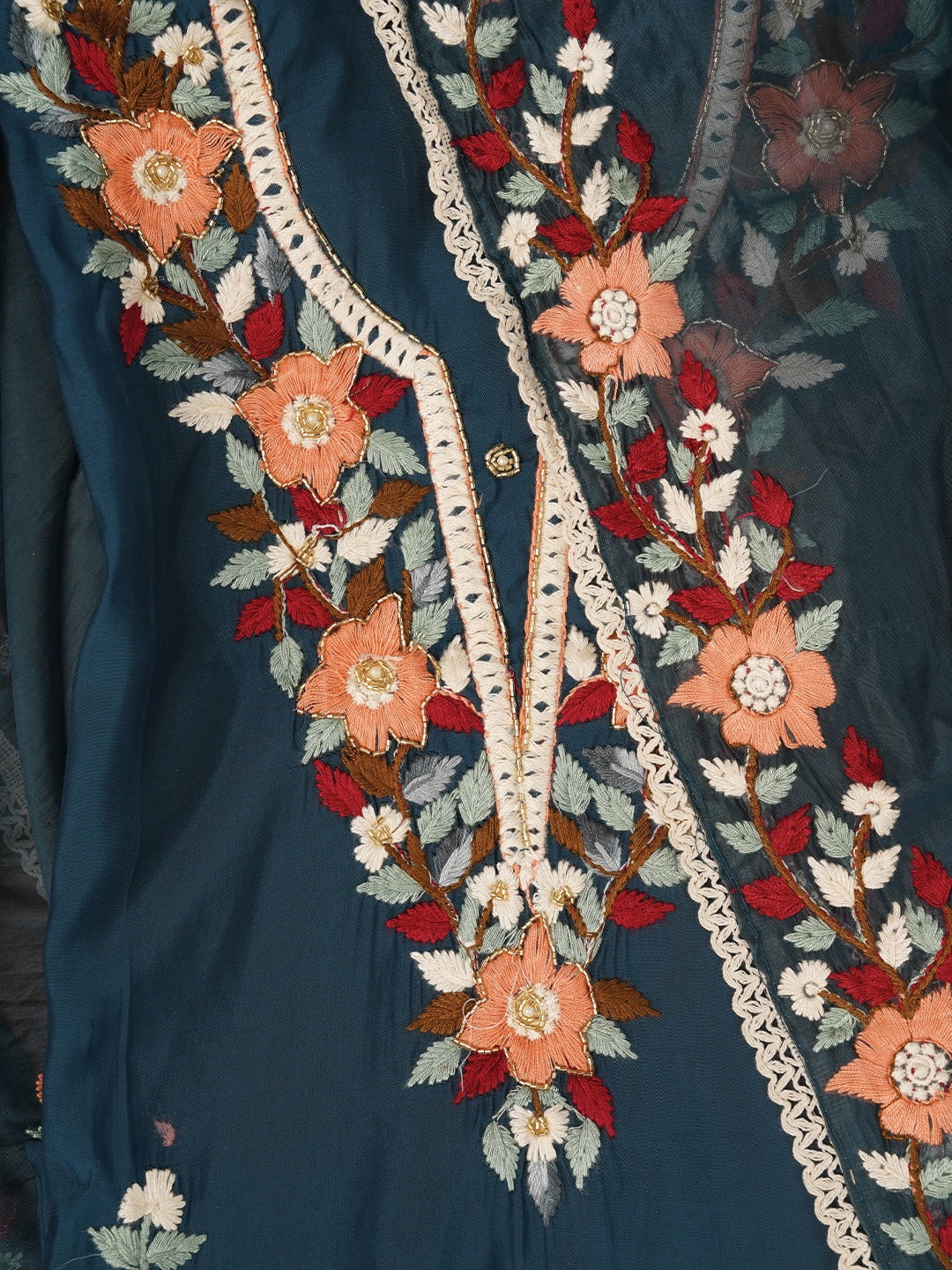 Teal Pure Silk Lucknowi Embroidered Dress Material with Dupatta