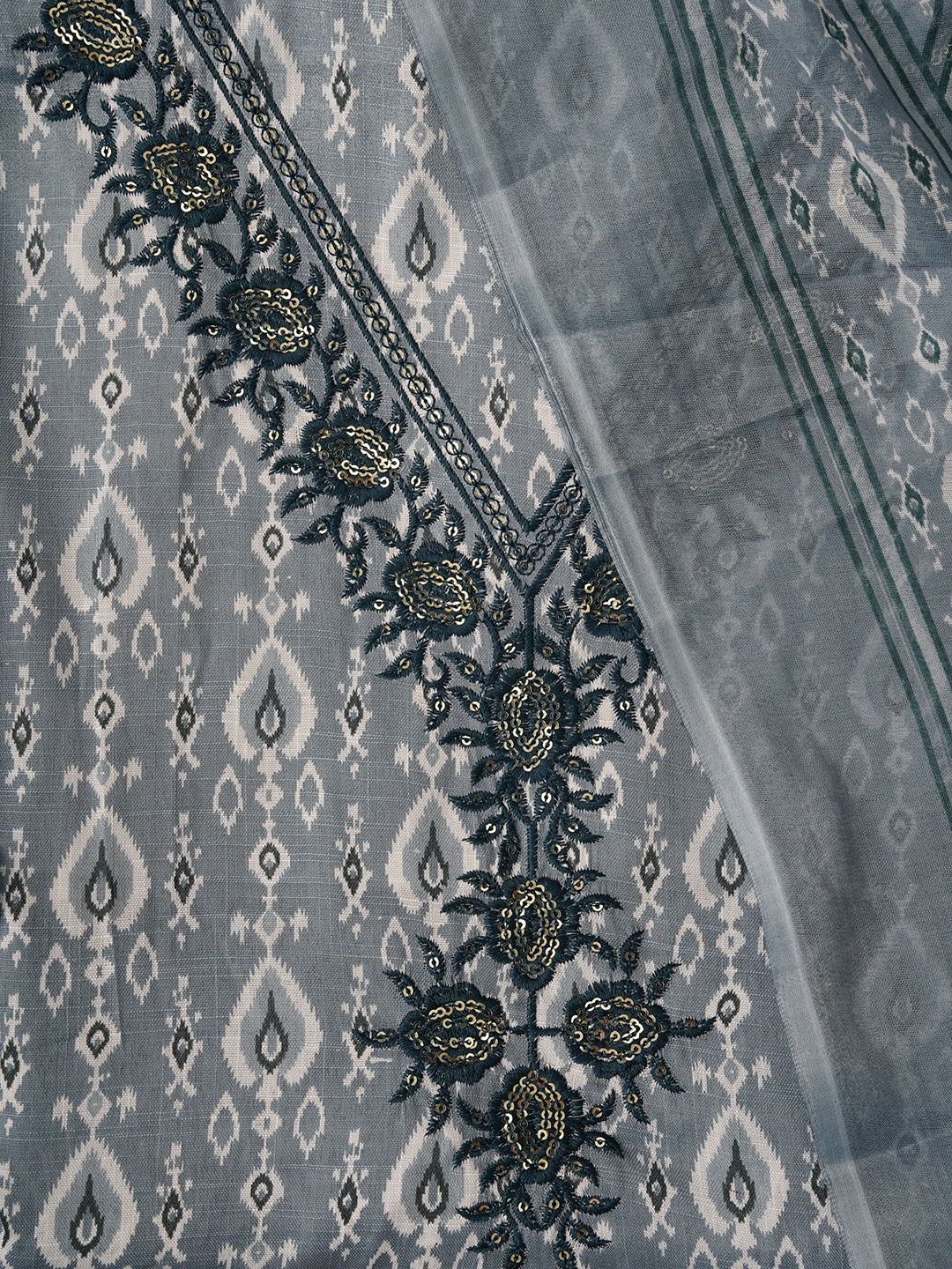 Teal Unstitched Printed Pure Cotton Dress Material With Dupatta