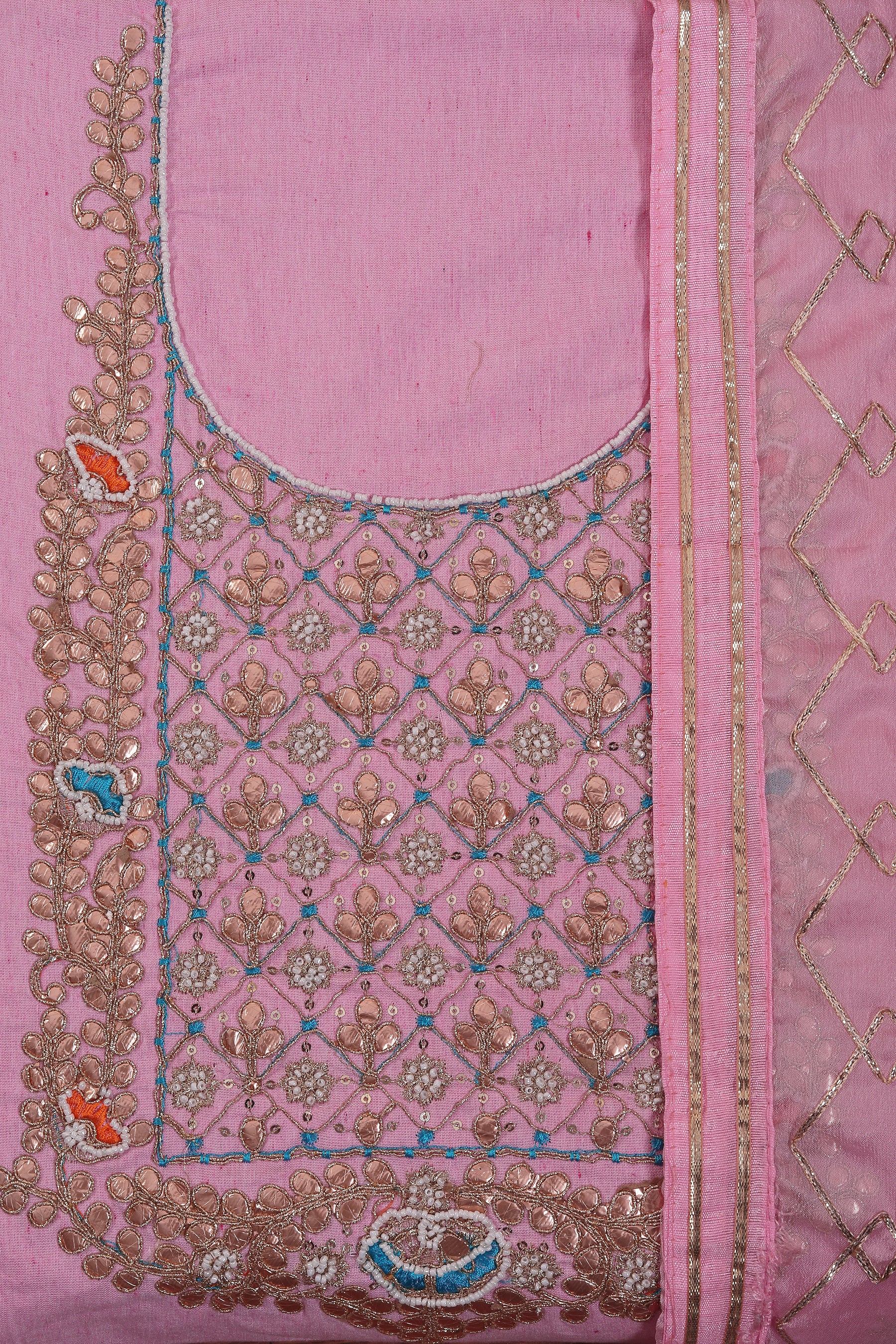 Pink Unstitched Embellished Cotton Dress Material With Dupatta