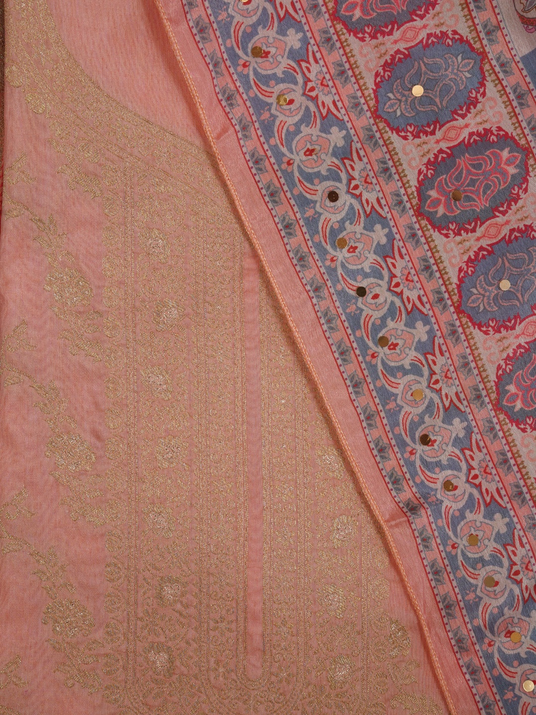 Peach Festive Silk Blend Zari Woven Dress Material With Dupatta