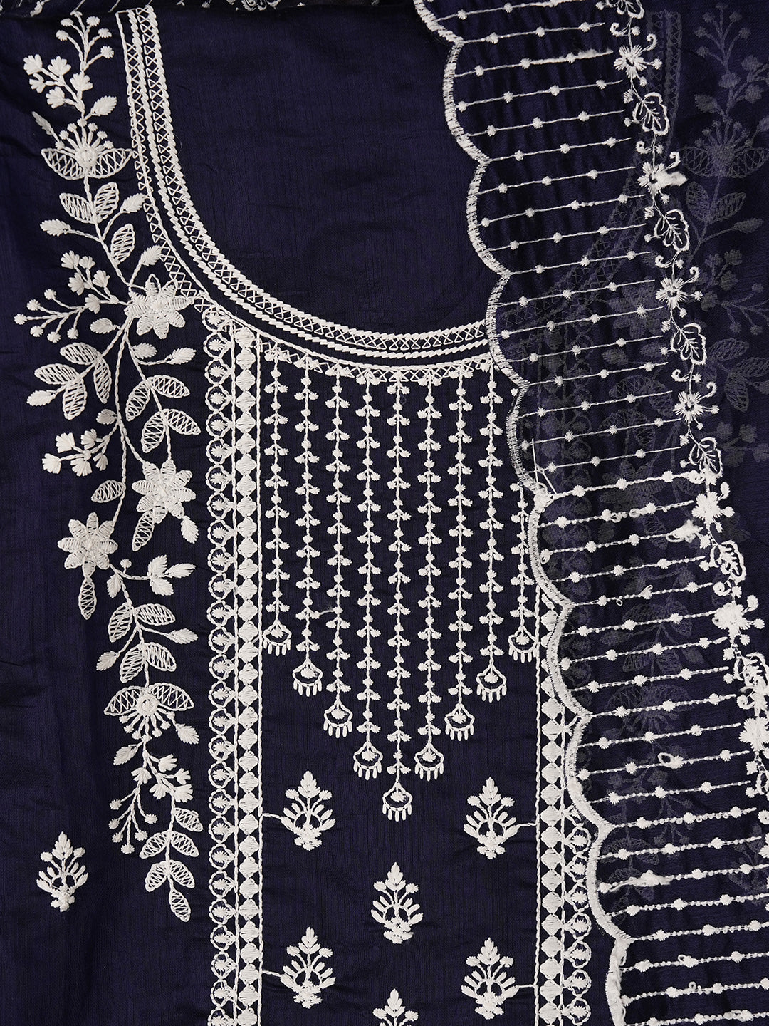 Navy Blue Unstitched Embroidered Cotton Blend Dress Material With Dupatta