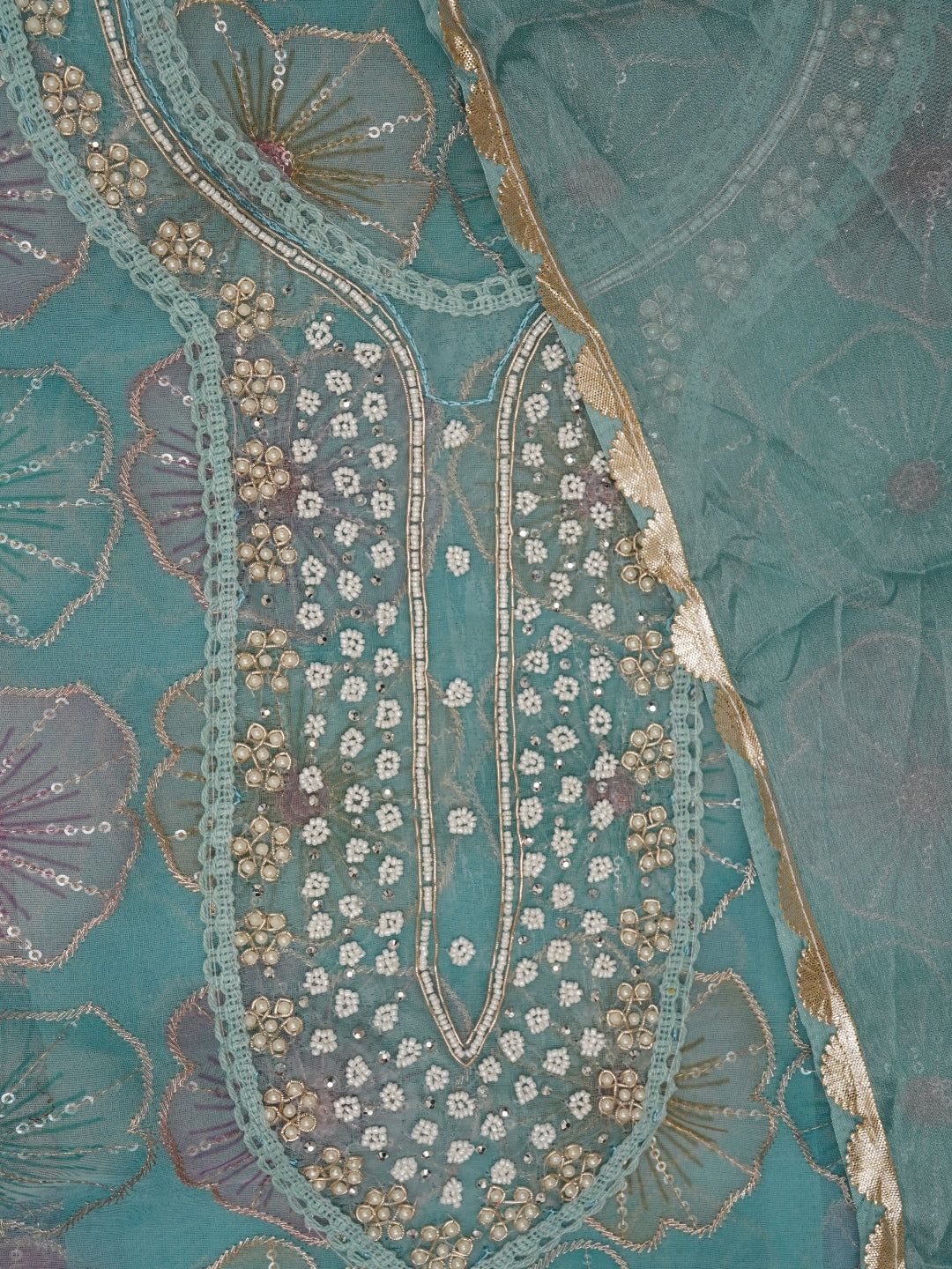Sky Blue Floral Sequin Embroidered Organza Dress Material with Dupatta