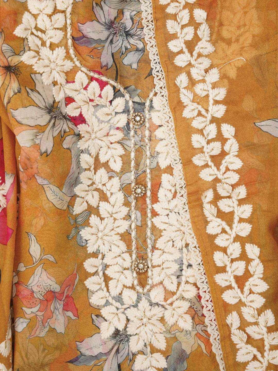 Mustard Lucknowi Embroidered Organza Dress Material with Dupatta