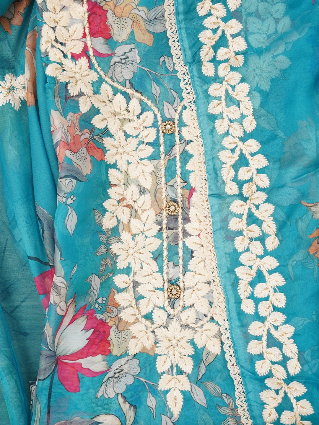 Sky Blue Lucknowi Embroidered Organza Dress Material with Dupatta
