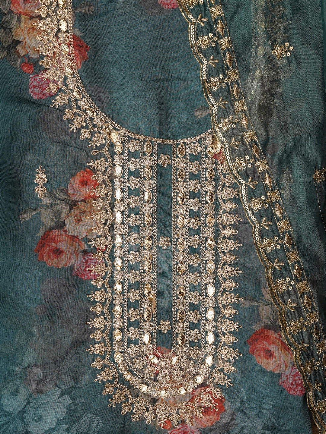 Sea Green Floral Printed Sequin Embroidered Dress Material with Dupatta