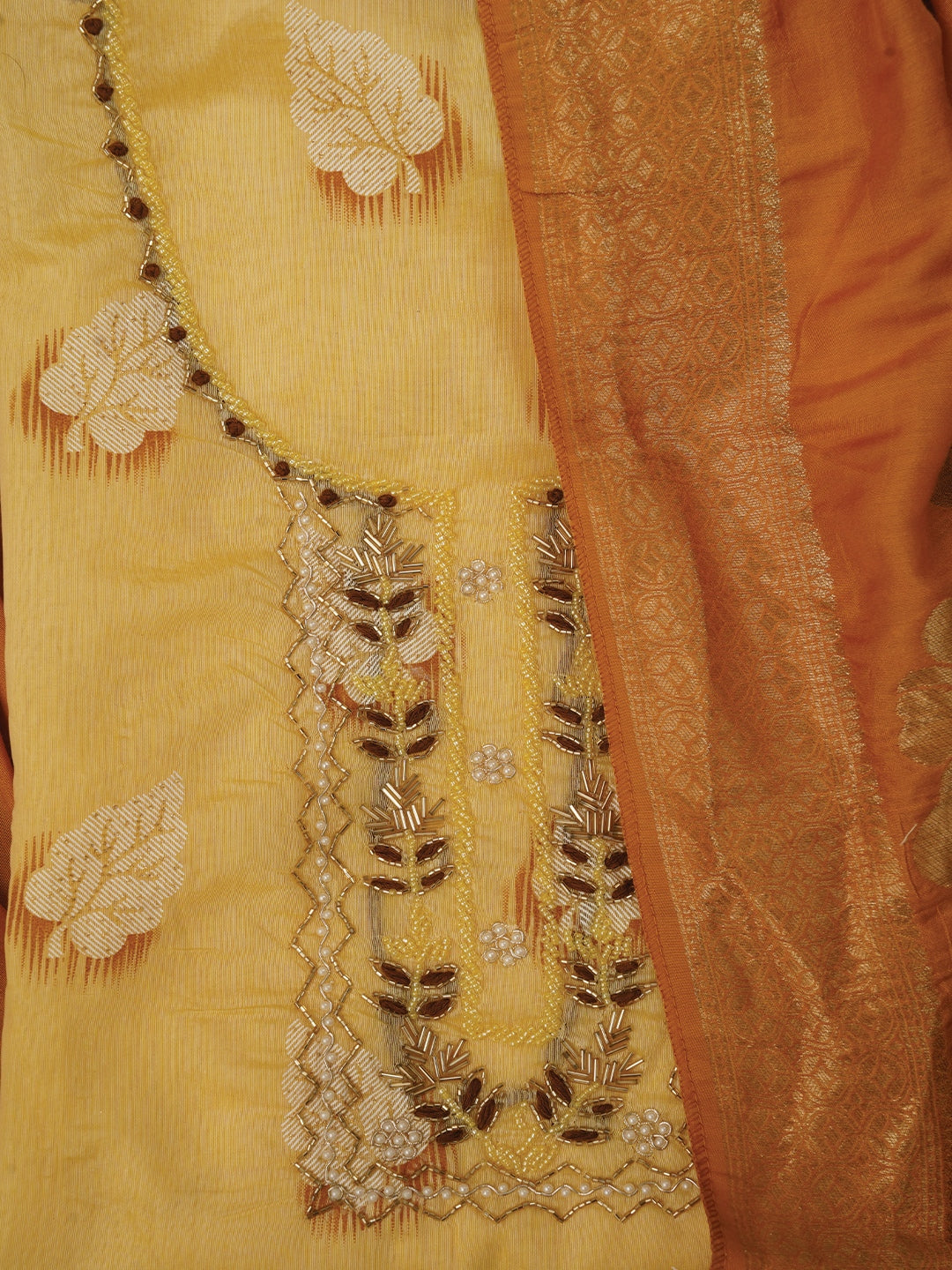 Yellow Embellished Woven Design Cotton Dress Material with Dupatta