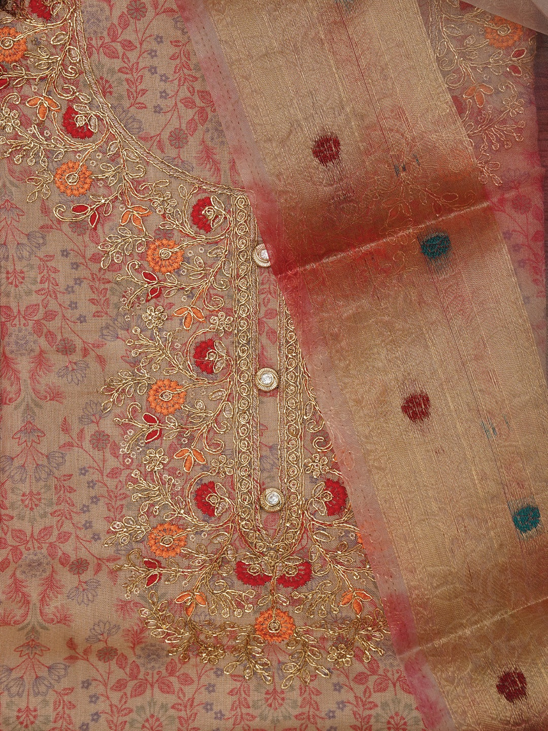 Pink Embellished Organza Dress Material with Dupatta