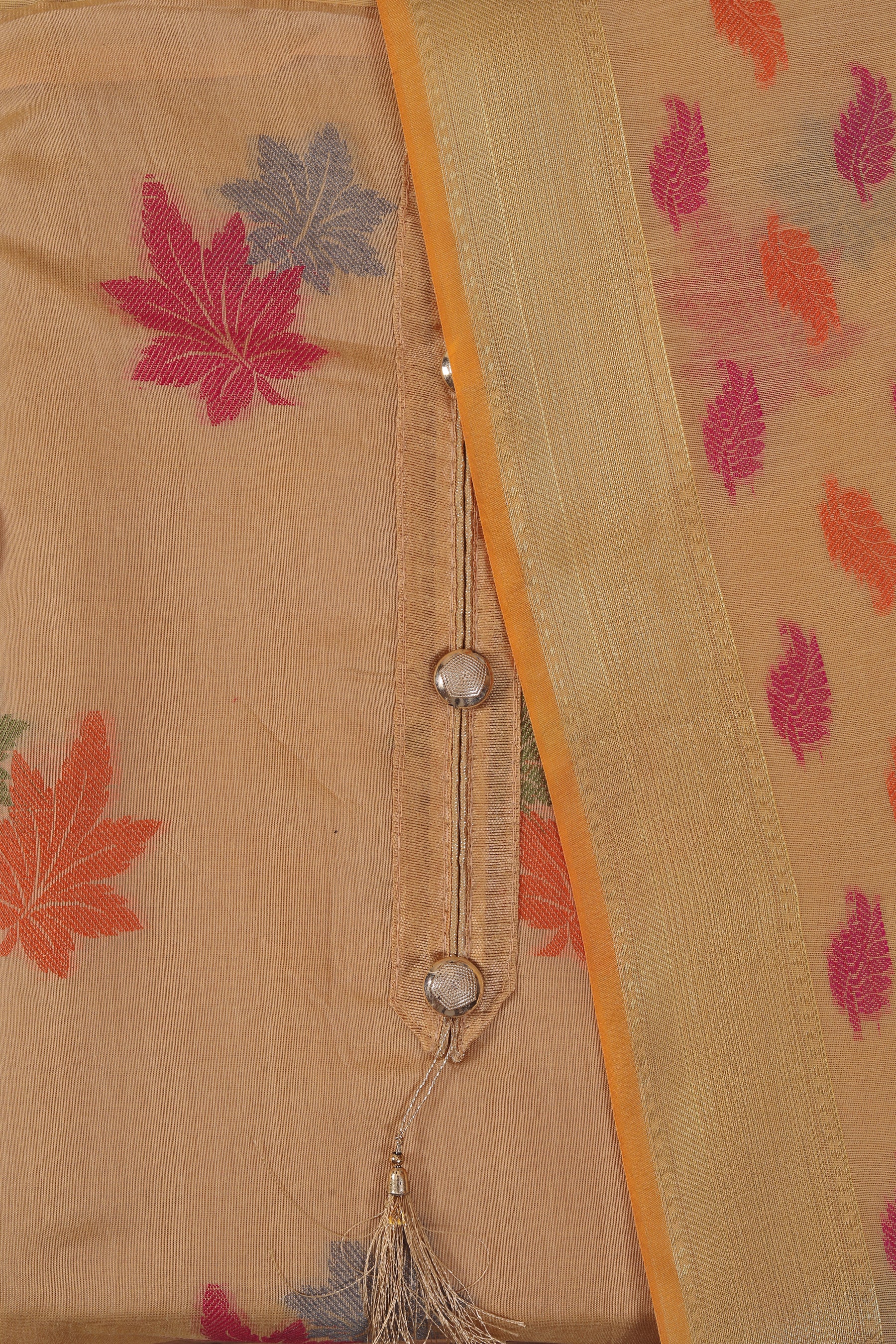 Yellow Embellished Jacquard Dress Material With Dupatta