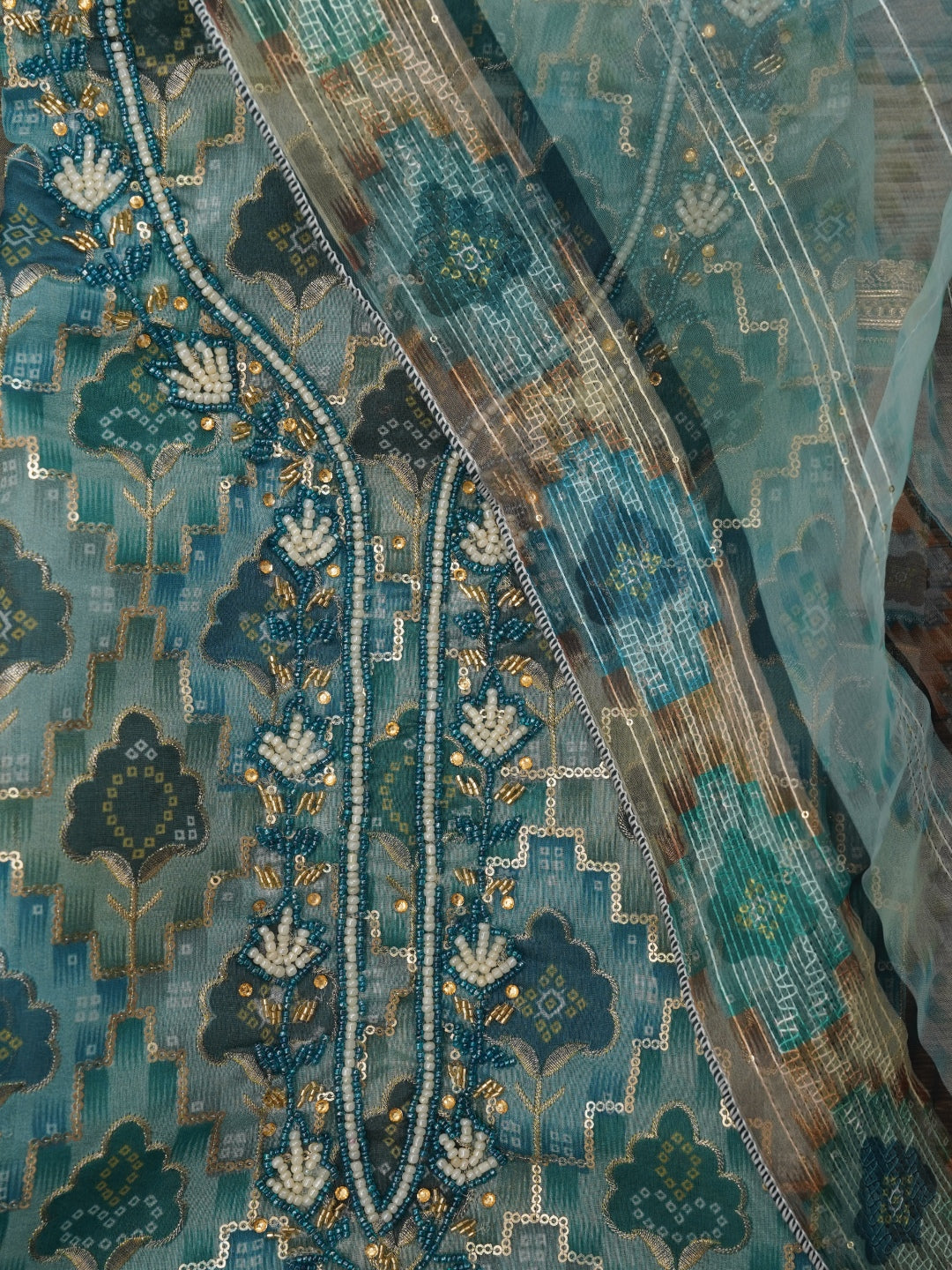 Teal Ethnic Sequin Embroidered Organza Dress Material with Dupatta