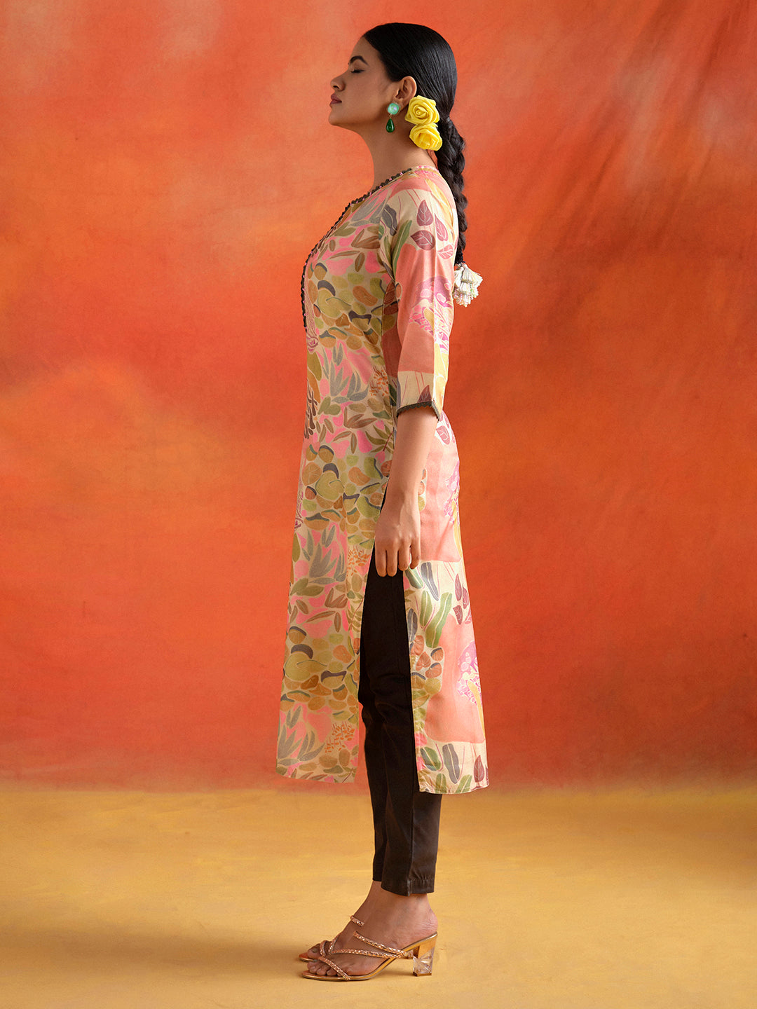 Peach Botanical Printed Embroidered Straight Kurta
