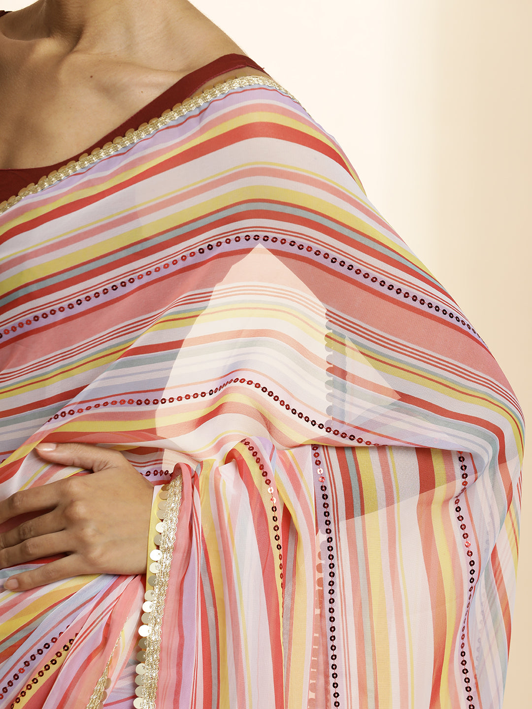 Red Striped Sequin Embellished Festive Multicolor Saree