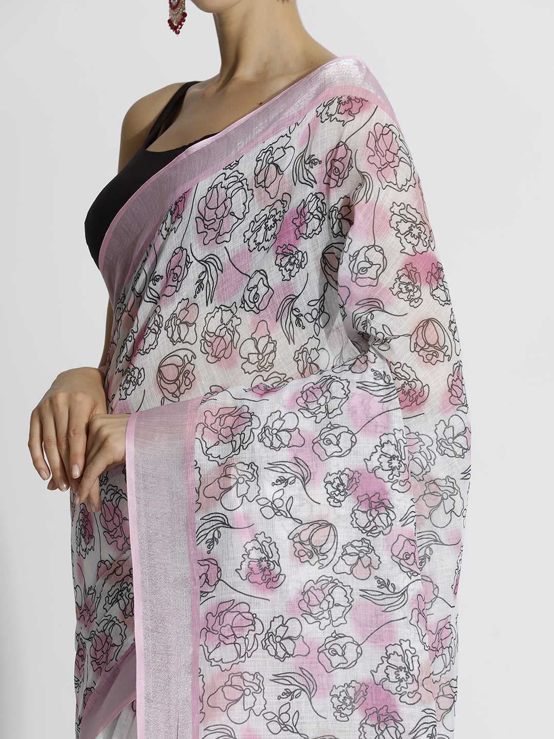 Floral Printed Daily Wear White Pure Linen Saree