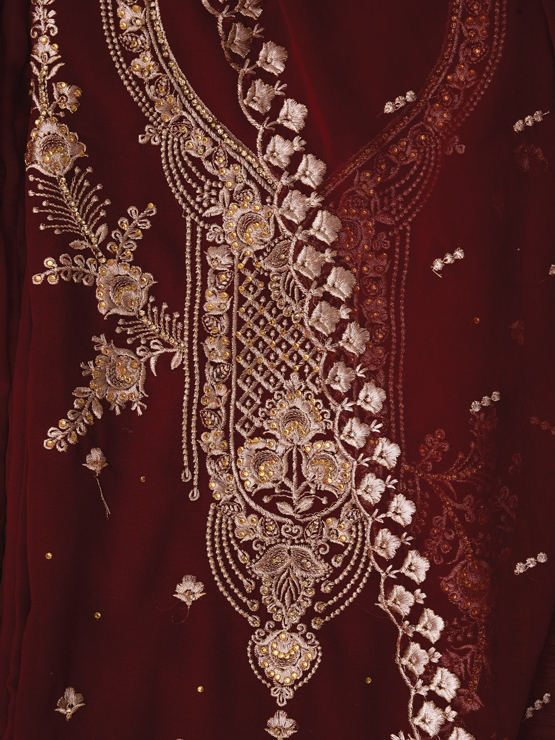 Traditional Maroon Zari Silk Georgette Dress Material with Dupatta