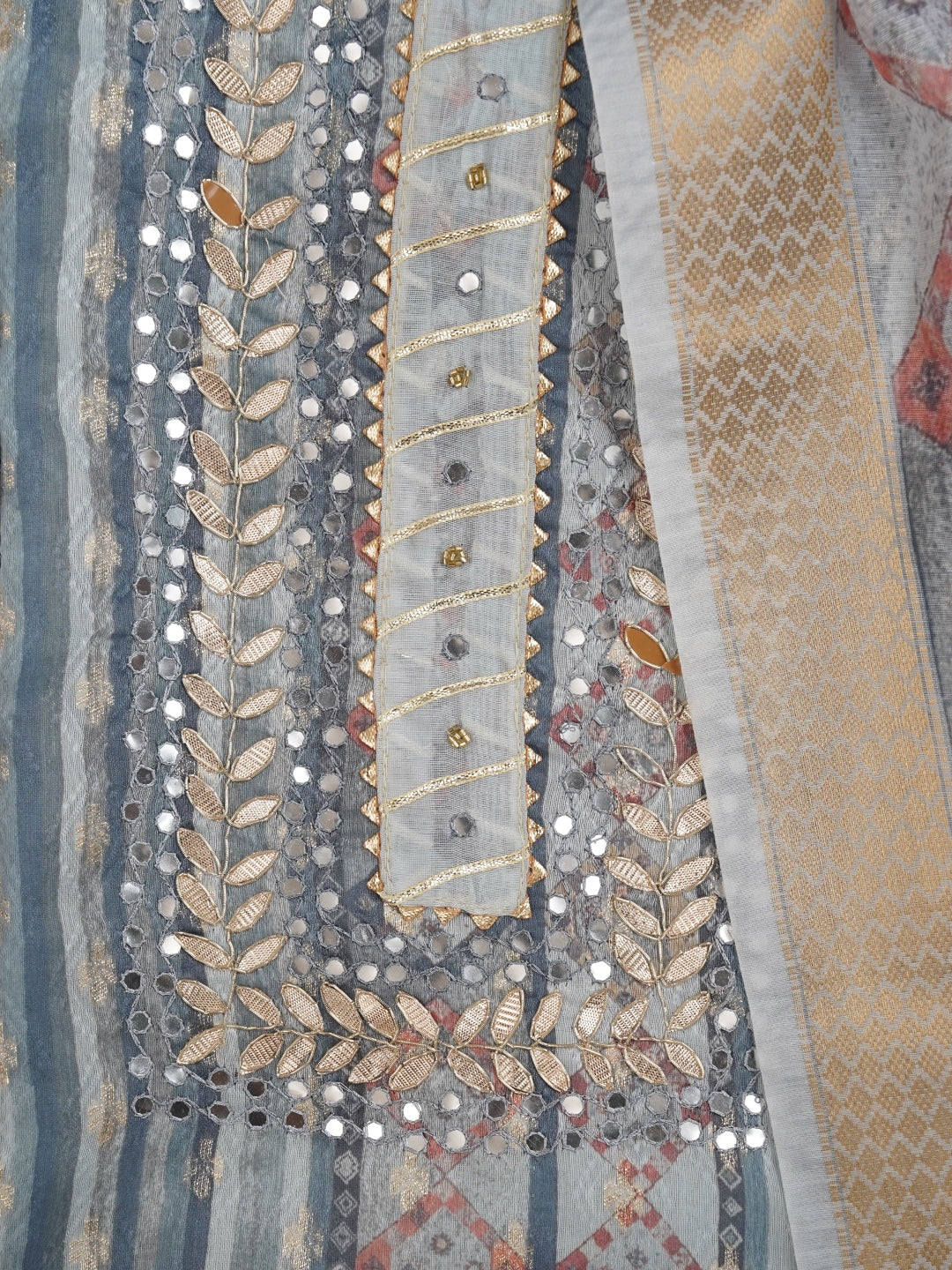 Teal Festive Silk Blend Zari Dress Material With Dupatta