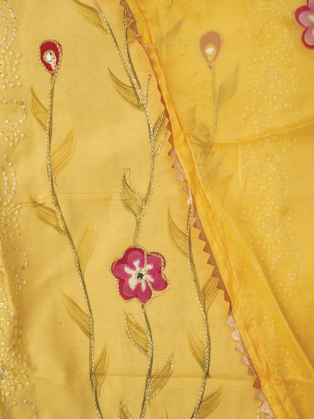Yellow Handpainted Embroidered Dress Material with Dupatta