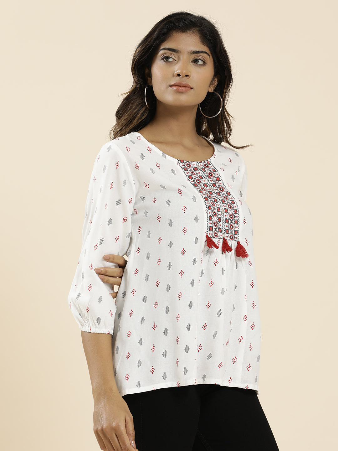 White Geometric Printed Peplum Top