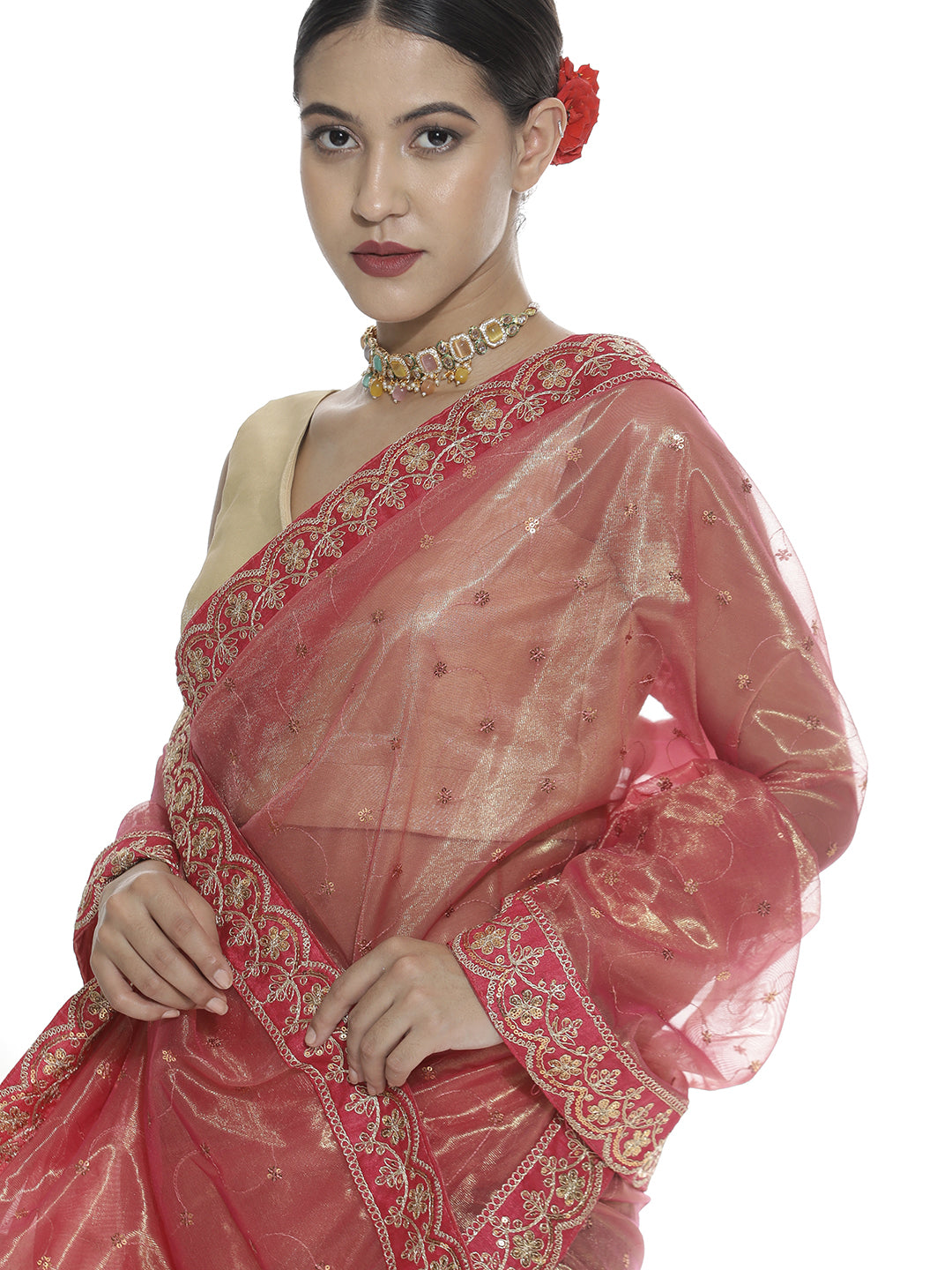 Sequin Pink Embroidered Net Party Wear Saree