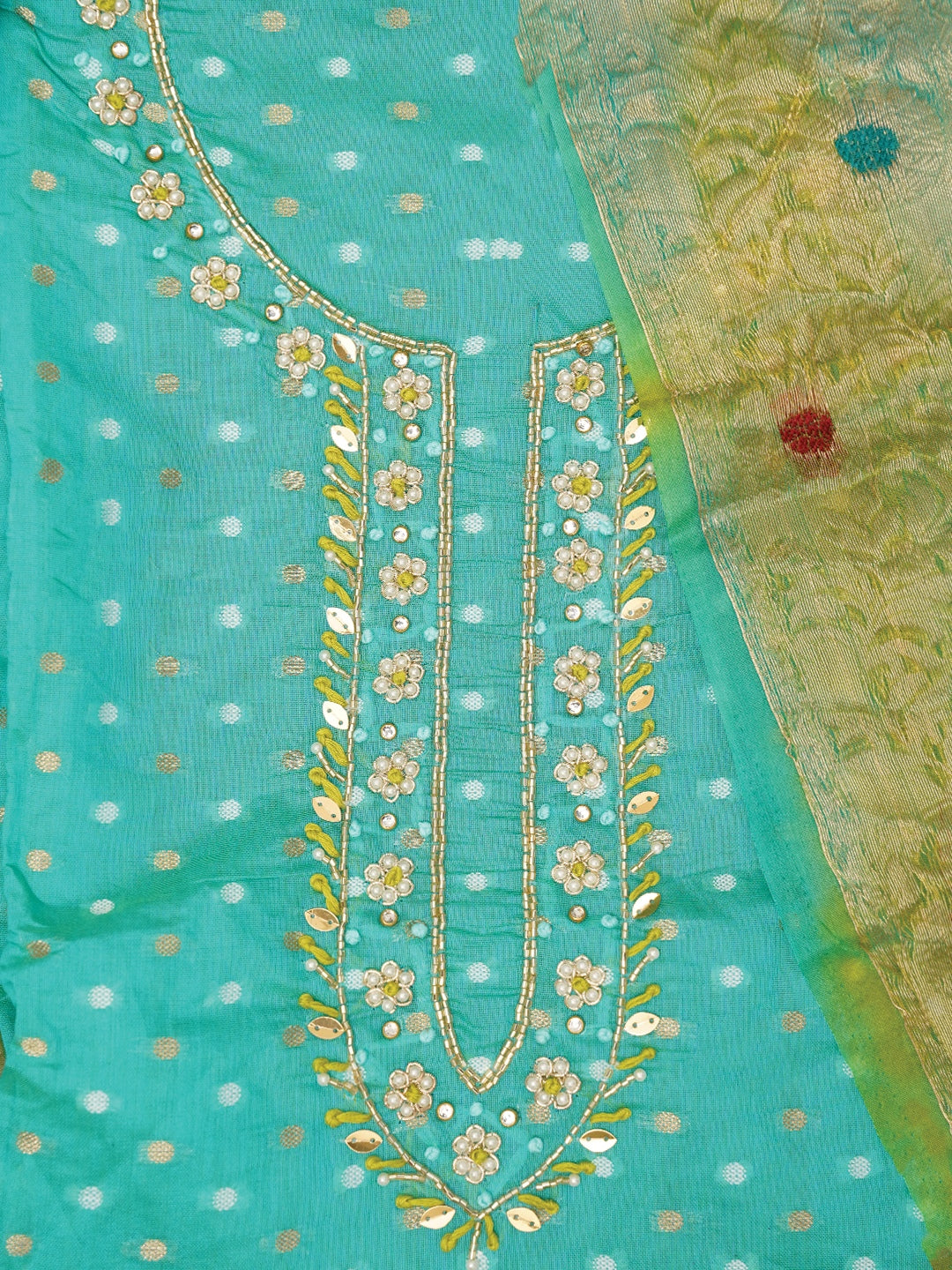 Sea Green Cotton Blend Embellished Dress Material with Dupatta