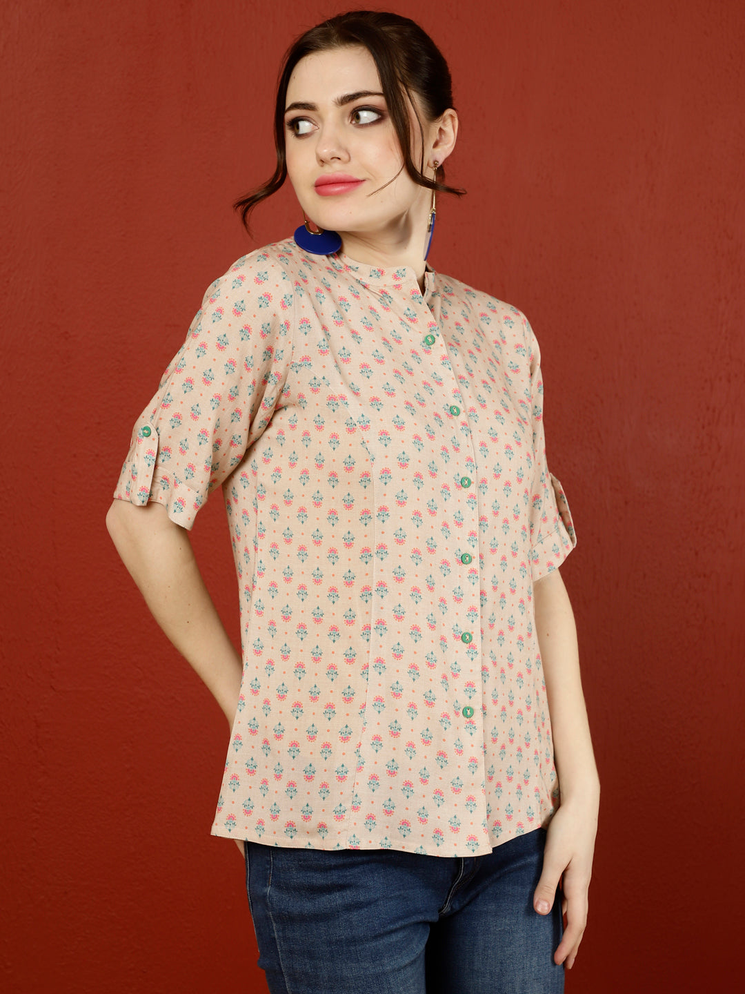 Beige Ethnic Printed Princess Cut Formal Top