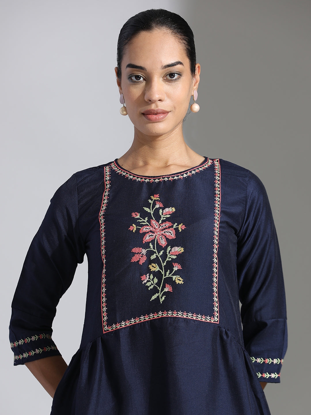 Navy Blue Embroidered Party Wear Peplum Top