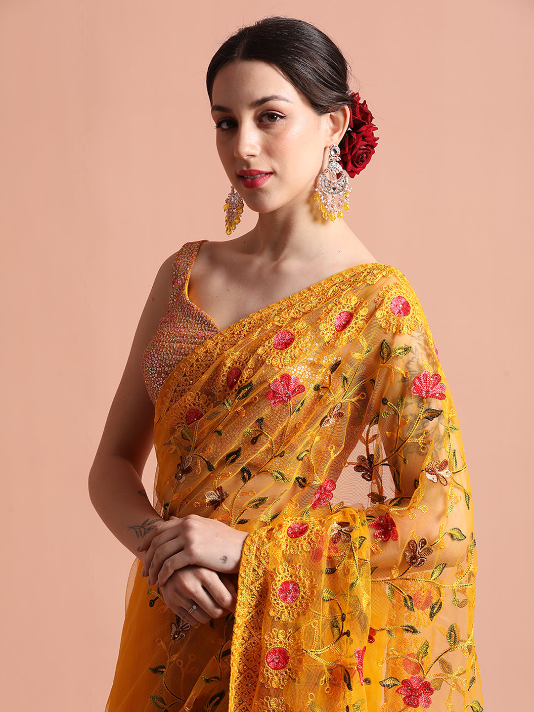 Mustard Party Wear Floral Embroidered Net Saree