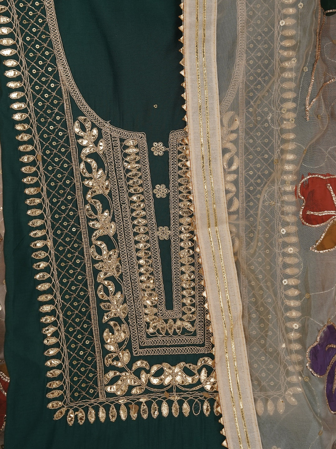 Sea Green Handpainted Embroidered Pure Silk Dress Material with Dupatta