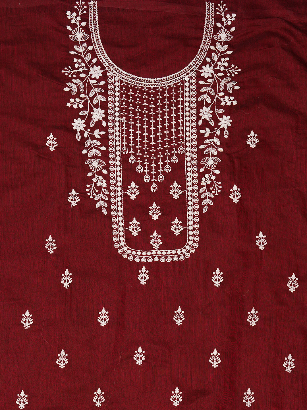 Unstitched Embroidered Cotton Blend Maroon Dress Material With Dupatta