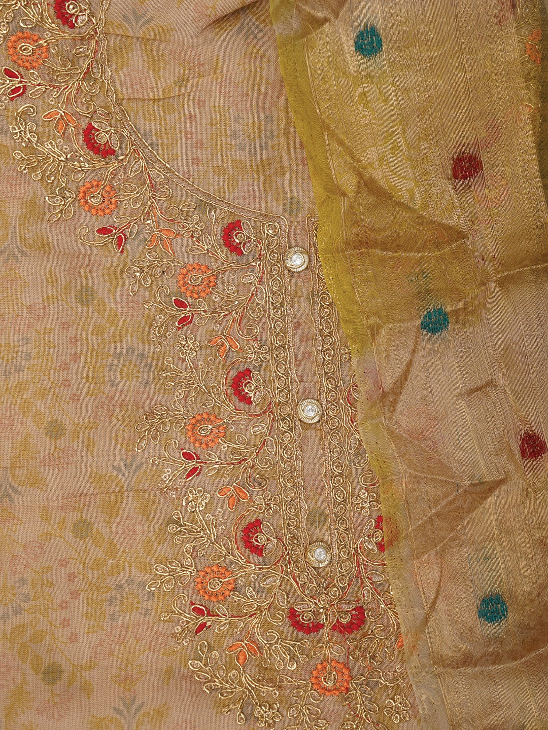 Lime Green Embellished Organza Dress Material with Dupatta