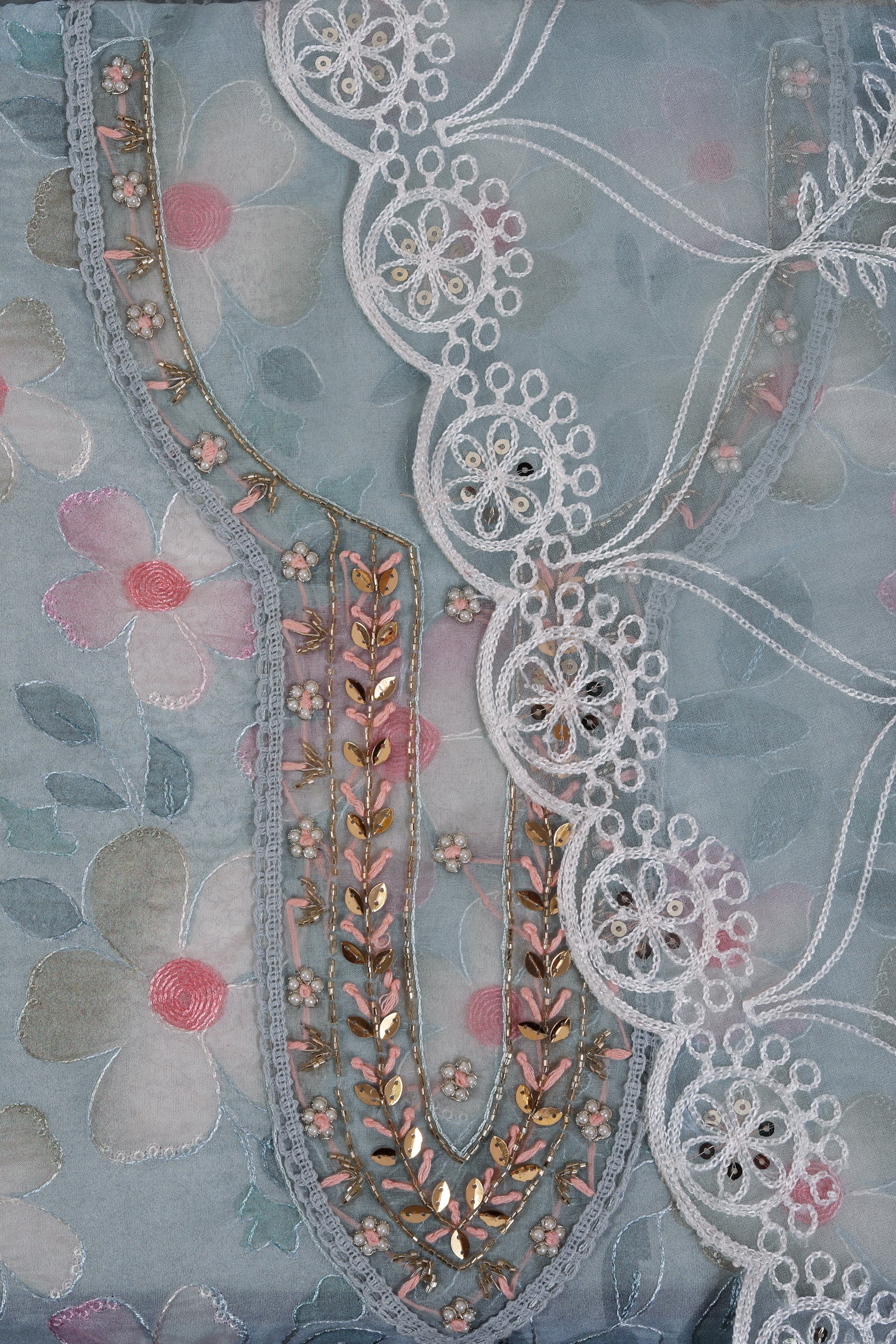 Teal Unstitched Embellished Organza Dress Material With Dupatta